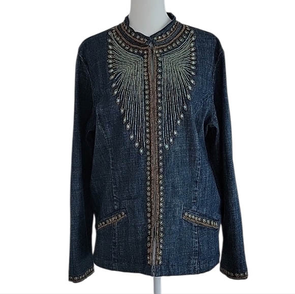 Chico's Embellished Heritage Turquoise Beaded Denim Jacket Inkspill Indigo Sz L - Picture 7 of 16